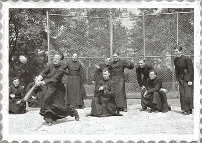 Baseball Priests Black and White Greeting Card - Click Image to Close