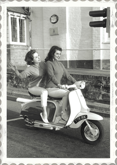 Lambretta Scooter Girls Black and White Greeting Card - Click Image to Close