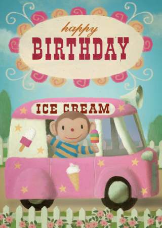 Happy Birthday Ice Cream Monkey Greeting Card by Stephen Mackey - Click Image to Close