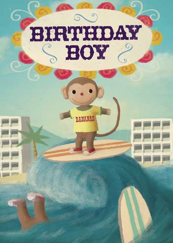 Birthday Boy Surfing Monkey Greeting Card by Stephen Mackey