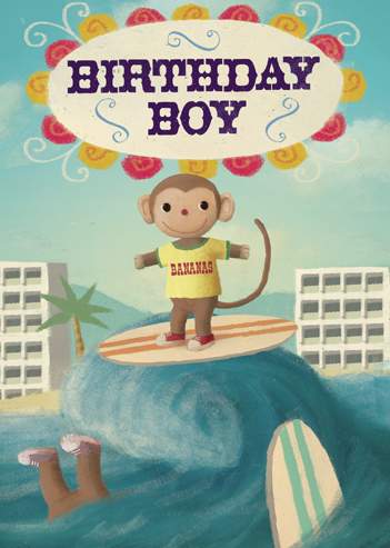 Birthday Boy Surfing Monkey Greeting Card by Stephen Mackey - Click Image to Close