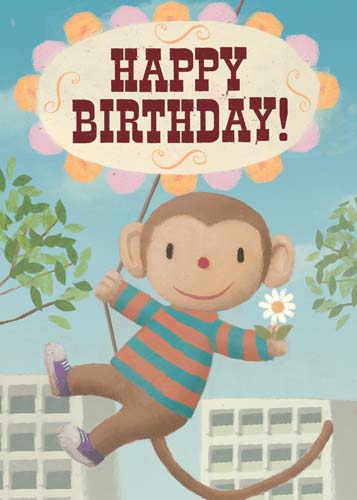 Happy Birthday Swinging Monkey Greeting Card by Stephen Mackey - Click Image to Close