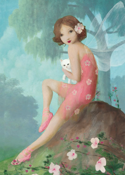 Pink Fairy with Cat Greeting Card by Stephen Mackey - Click Image to Close