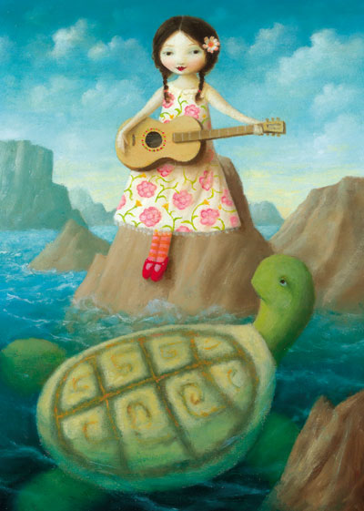 Guitar Girl and Turtle Greeting Card by Stephen Mackey - Click Image to Close