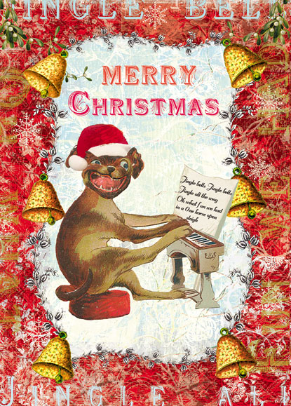 Merry Christmas Dog Playing Piano Pack of 5 Greeting Cards