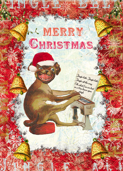 Merry Christmas Dog Playing Piano Pack of 5 Greeting Cards - Click Image to Close