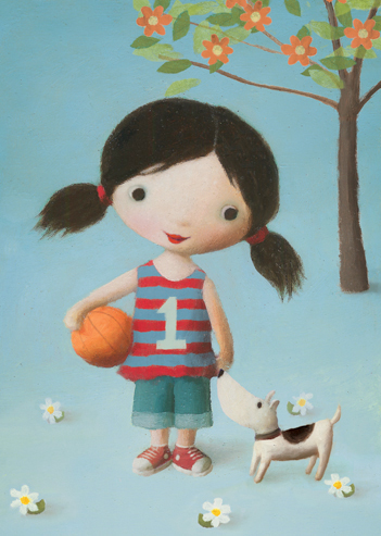 Girl, Dog and Ball Greeting Card by Stephen Mackey