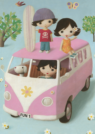 Campervan with Surfers Greeting Card by Stephen Mackey - Click Image to Close