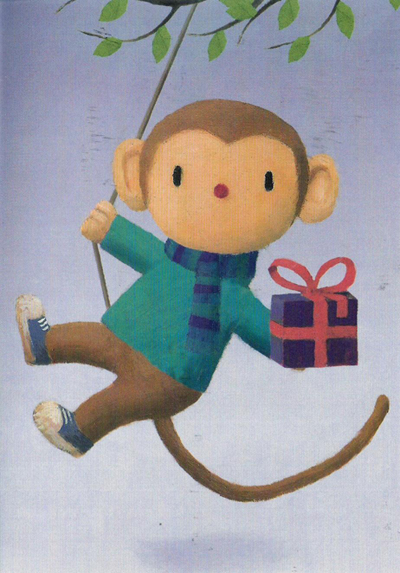 Swinging Monkey with Present Greeting Card by Stephen Mackey - Click Image to Close