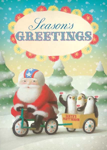 Santa with Penguins Christmas Greeting Card by Stephen Mackey
