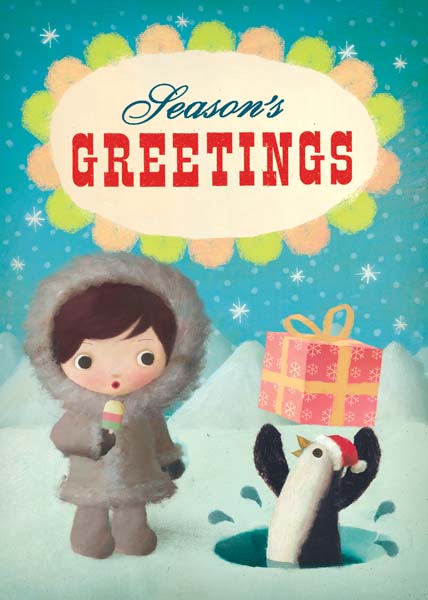 Eskimo and Penguin Christmas Greeting Card by Stephen Mackey