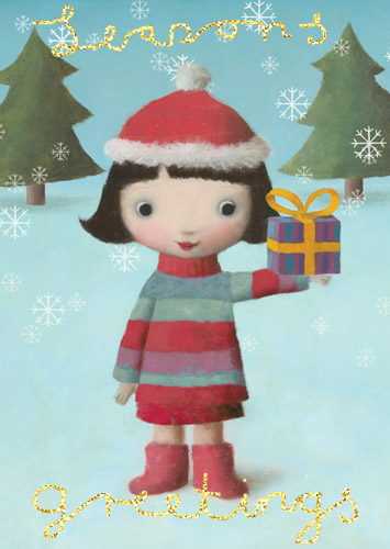 Girl with Present Pack of 5 Christmas Cards by Stephen Mackey - Click Image to Close