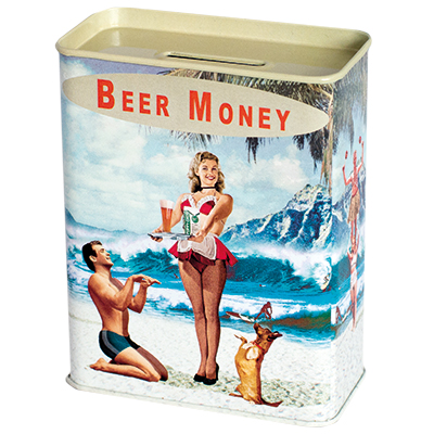 Beer Money Beach Scene Metal Money Box Tin by Max Hernn Beer Money Beach Scene Metal Money Box Tin by Max Hernn