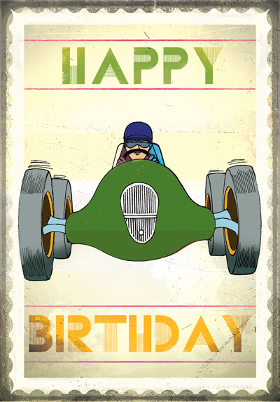 Happy Birthday Racing Car Postcard By Max Hernn & Bruce Jones Happy Birthday Racing Car Postcard By Max Hernn & Bruce Jones