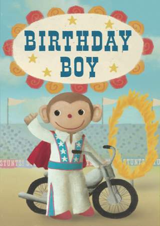 Birthday Boy - Stunt Monkey Greeting Card by Stephen Mackey - Click Image to Close