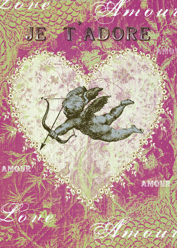 TRES022 - Je T'adore - Cupid Heart Greeting Card by Mimi - Click Image to Close