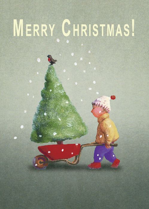 Wheelbarrow Tree Single Christmas Card by Max Hernn