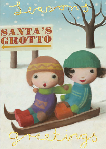Kids on Sledge Pack of 5 Christmas Cards by Stephen Mackey